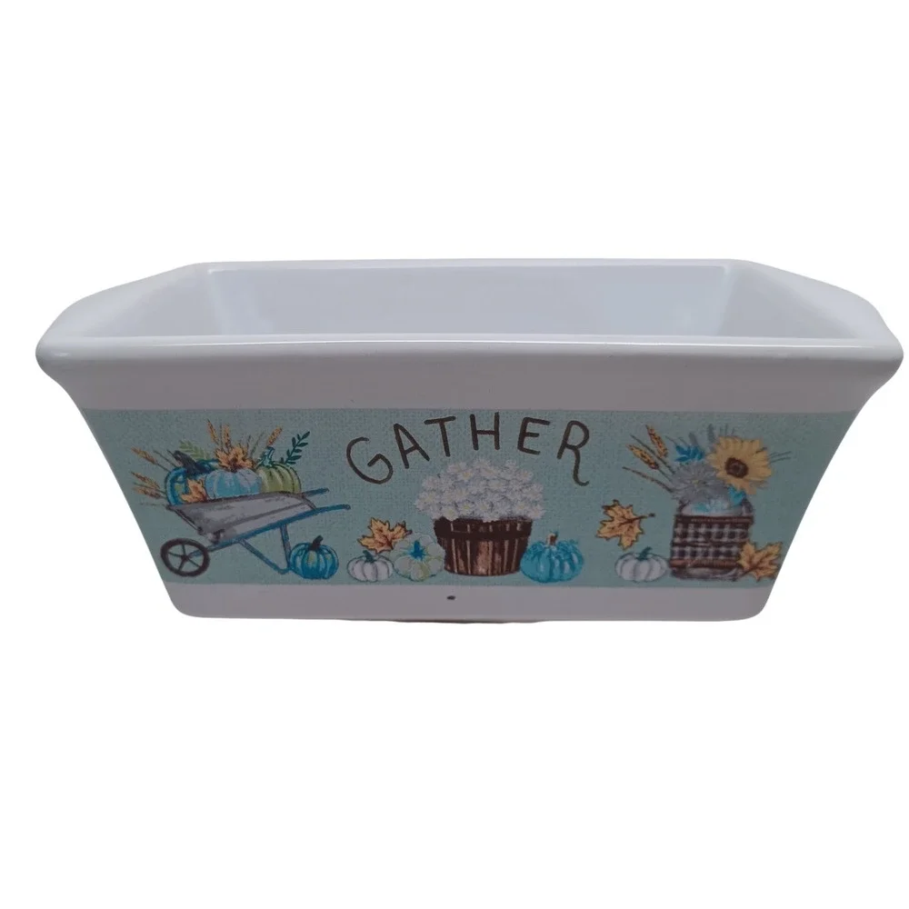 Royal Norfolk Gather Harvest Ceramic Mini Loaf Pan Teal Pumpkin Fall Stoneware